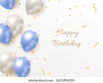 Elegant Birthday Greeting Card - Style Illustration with blue and Silver Balloons and Confetti, Displaying the Text "Happy Birthday to You" in a Graceful Font on a White Background