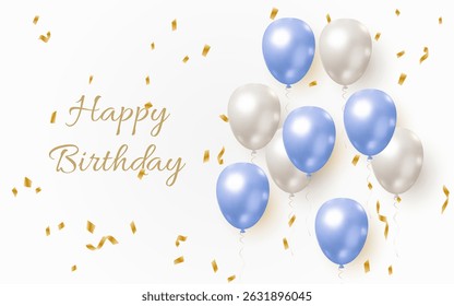 Elegant Birthday Greeting Card - Style Illustration with blue and Silver Balloons and Confetti, Displaying the Text "Happy Birthday to You" in a Graceful Font on a White Background