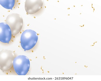 Elegant Birthday Greeting Card - Style Illustration with blue and Silver Balloons and Confetti, Displaying the Text "Happy Birthday to You" in a Graceful Font on a White Background