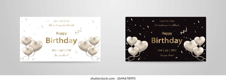 Elegant Birthday Invitation Template Set – White and Black Versions with Gold Heart Balloons