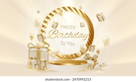 Elegant birthday scene featuring golden gifts and balloons with a luxurious backdrop, perfect for celebratory themes and festive greetings. Vector Illustration.