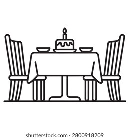 Elegant birthday setup with cake and two chairs around a table