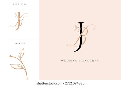 Logotipo elegante del monograma de la boda de BJ con los acentos botánicos