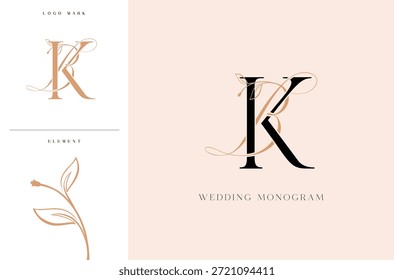Logotipo elegante del monograma de la boda de BK con los acentos botánicos