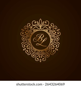 Elegant BL Monogram Logo with Golden Ornamental Frame on Dark Background – Luxury Initial Design