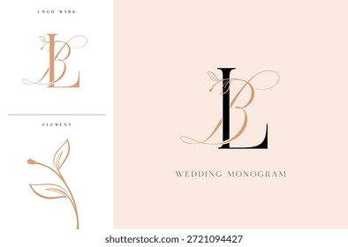 Elegantes BL Hochzeit Monogramm Logo mit botanischen Akzenten