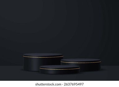 Elegant black 3D podium with gold accent on dark background. Perfect for luxury product display, cosmetics, branding, or promotional visuals.