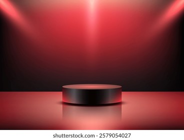 Elegant black 3D podium sits at the center of a reflective red surface, illuminated by a warm spotlight. Perfect for showcasing luxury designs, product mockups