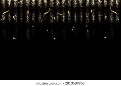 Elegant black abstract background decorated with falling golden halftone square dot patterns and shimmering festive ribbons at top.