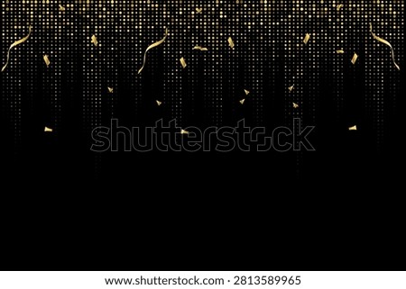 Elegant black abstract background decorated with falling golden halftone square dot patterns and shimmering festive ribbons at top.