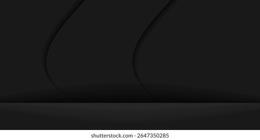 Fundo abstrato preto elegante com efeito de holofote e sombras em camadas. Perfeito para luxo, tecnologia, palco, exibição de produtos, apresentação ou projetos de design gráfico moderno. Ilustração vetorial.