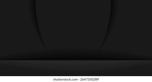Elegant black abstract background with spotlight effect and layered shadows. Perfect for luxury, tech, stage, product display, presentation, or modern graphic design projects. Vector illustration.