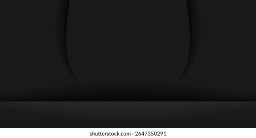Elegant black abstract background with spotlight effect and layered shadows. Perfect for luxury, tech, stage, product display, presentation, or modern graphic design projects. Vector illustration.