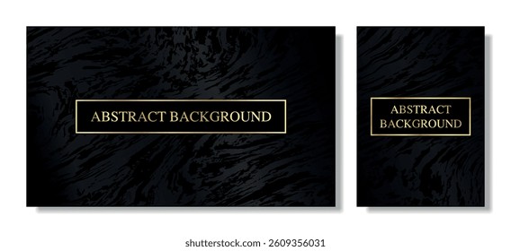 Elegant black abstract marble texture with gold rectangular frame and “Abstract Background” text. Stylish luxury backdrop for design, branding, or packaging.