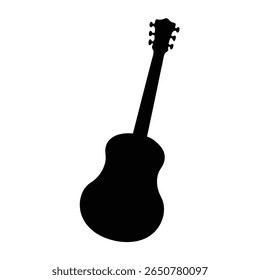 Silhueta de guitarra acústica preta elegante contra um fundo branco limpo criando contraste
