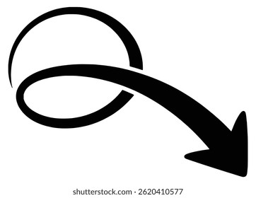 Elegant black arrow with loop directing attention downward minimalist style vector