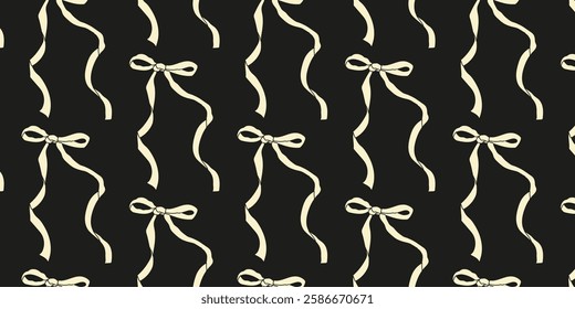 Elegant black background adorned with repeating cream ribbons in a classic pattern