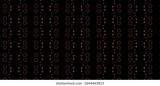 Elegant black background with bright orange and teal geometric stars and circles. Eye-catching seamless design.