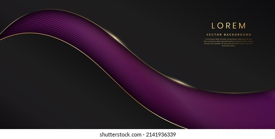 Elegant black background curved shape with golden shiny curve pattern, deep with elegant violet. Luxury style with copy space for tex. Vector illustration