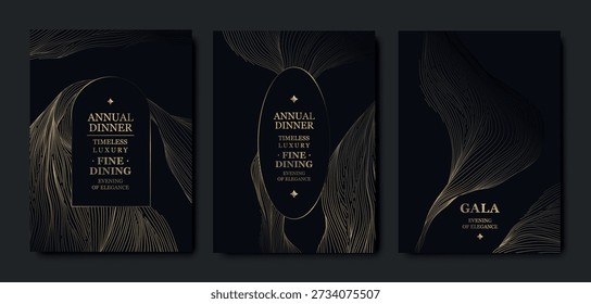 Elegant black background, gold line pattern, gala cards, premium invitations. Luxury abstract vector template, geometric shapes, wavy design, VIP events, business dinners, weddings, posters, flyers