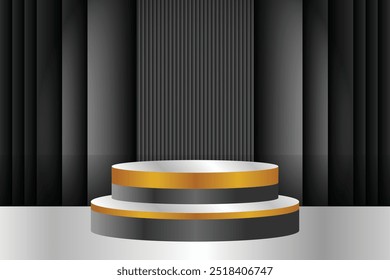 Elegant black background with gold podium for product promotion.