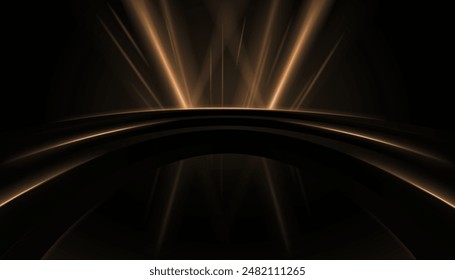 Elegant black background stage with abstract golden rays for product display, shiny floor surrounded by stand or podium with elements of golden neon lines and light or racer effect decoration.