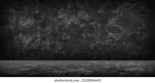 Elegant black background vector illustration with vintage distressed grunge texture and dark gray charcoal colour paint, black stone or concrete wall, black banner