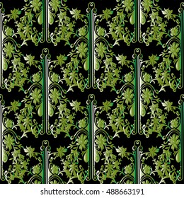 Elegant black baroque damask floral vector seamless pattern background wallpaper illustration with vintage green 3d antique medieval flowers and ornaments.