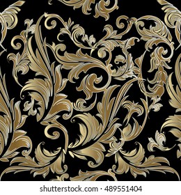 Elegant black baroque damask vintage vector seamless pattern background  illustration.with antique floral medieval baroque gold 3d flowers and ornaments.