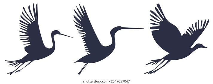 Elegant Black Bird Silhouettes in Simple Design, Modern, Minimalist Style, cranes, vector illustrations set, white background, isolated