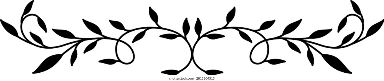 Elegant black botanical divider with flowing vines and teardrop leaves, symmetrical across a white background.