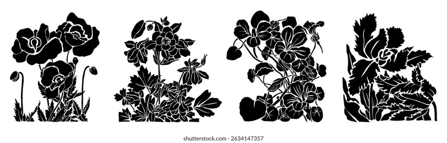 Elegant black botanical silhouette set with flowers and leaves in vintage engraving style. Hand-drawn floral compositions isolated on white background. Ideal for design and decoration.