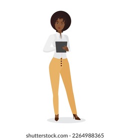Elegant black business lady. Female office manager in classic clothes vector cartoon illustration