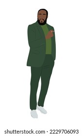 Elegant black business man wearing formal or smart casual outfit - green suit and sneakers. African American male character standing with cigar. Vector realistic illustration isolated on white.