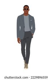 Elegant black business man wearing formal or smart casual outfit - gray suit and sneakers. African American young male character walking. Vector realistic illustration isolated on white background.