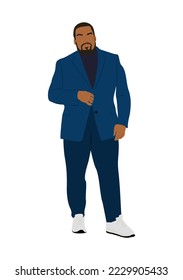 Elegant black business man wearing formal or smart casual outfit - dark blue suit and sneakers. African American male character standing. Vector realistic illustration isolated on white background.