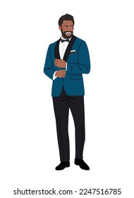 Elegant black businessman character in evening party outfit. Stylish african american handsome man wearing navy blue formal tuxedo, bowtie. Hand drawn vector realistic illustration isolated on white.