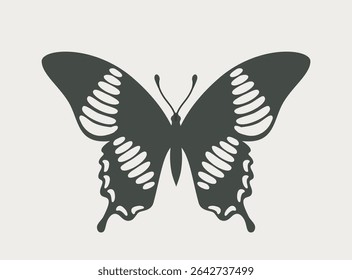 Elegant black butterfly silhouette with cutout wing patterns, minimal flat graphic style, on a light cream background. Concept of nature and beauty. Vector illustration