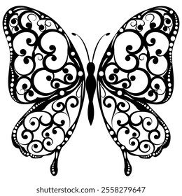 Elegant black butterfly silhouette featuring intricate swirling patterns and decorative details. Perfect for tattoos, stencil designs, wall art, or graphic design projects.