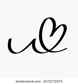 Elegant black calligraphy heart, isolated vector. Simple, artistic design with flowing lines. Perfect for love-themed projects or decor. Simple black line art doodle vector.