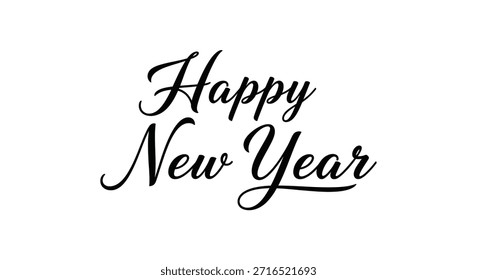 Elegant black calligraphy script displaying the cheerful greeting happy new year on a white background