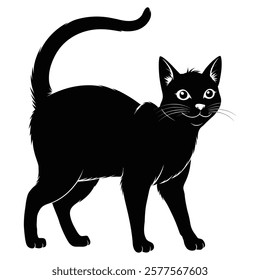 Elegant black cat silhouette with detailed fur and expressive eyes in a standing pose. Perfect for pet-themed designs, logos, tattoos, and vector illustrations. Ideal for creative and artistic project