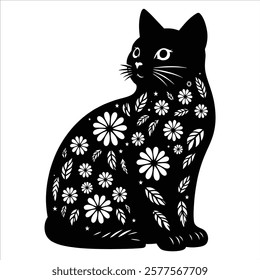 Elegant black cat silhouette with intricate floral and leaf patterns. Perfect for decorative art, tattoos, wall decals, and graphic design projects. A unique blend of nature and feline beauty.