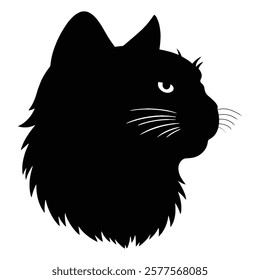 Elegant black cat silhouette in profile with detailed fur and whiskers. Perfect for pet-themed designs, tattoos, logos, and decorative art. High-quality vector illustration.