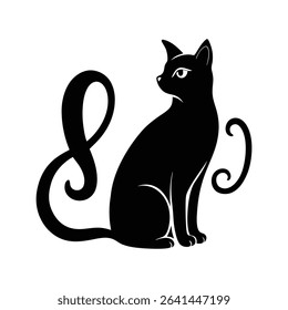 Elegant black cat silhouette sitting with a curled tail in a stylish pose, ideal for pet shop branding, cat-related product design, home decor prints, and minimalist animal artwork, vector format
