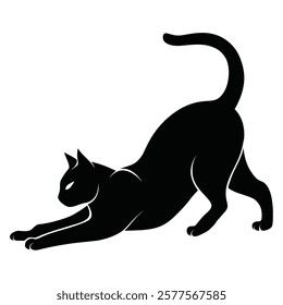 Elegant black cat silhouette in a stretching pose, symbolizing relaxation and agility. Perfect for pet-themed designs, yoga concepts, logos, and vector illustrations. Ideal for creative projects and b