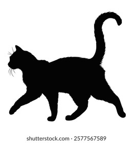 Elegant black cat silhouette in a walking pose with a raised tail. Perfect for pet-themed designs, vector illustrations, logos, and creative projects. Ideal for animal lovers and graphic design.