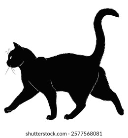 Elegant black cat silhouette in a walking pose with a raised tail. Perfect for pet-themed designs, vector illustrations, logos, and creative projects. Ideal for animal lovers and graphic design.