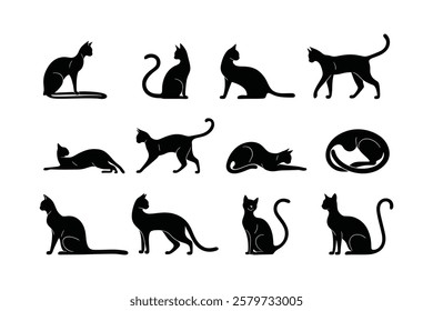 "Elegant Black Cat Silhouettes in Various Poses – Ideal for Design  Print"