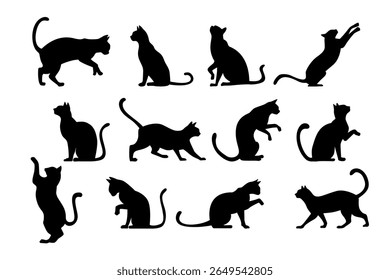 Elegant black cat silhouettes in various poses on a white background. Perfect for logos, decals, and apparel, with a sleek minimalist style.	